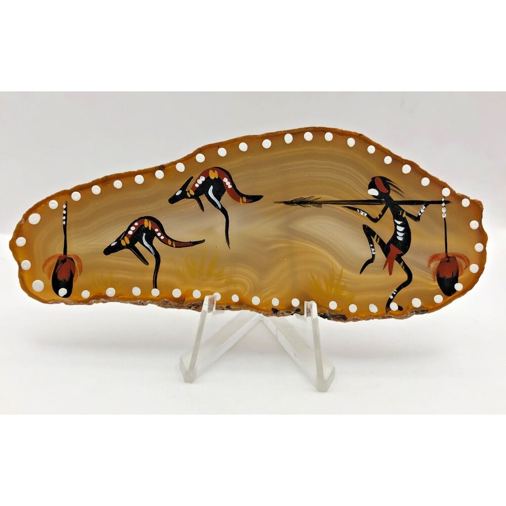 Australian Aboriginal Art Hand Painted Stone w/ Stand Kangaroo Hunting VINTAGE